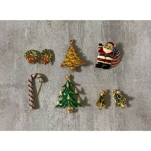 Vtg Christmas Tree Santa Candy Cane Brooch Pin Earrings Lot Rhinestone & Enamel